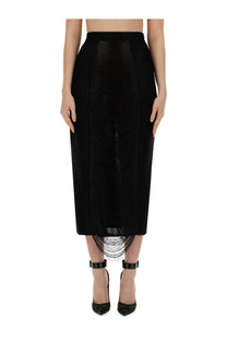 Alexander McQueen women’s long black midi skirt with textured ribbed front panel and delicate fringe hem detailing