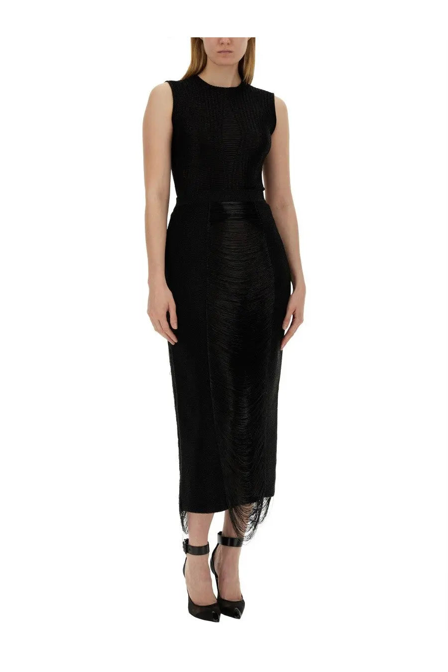 Alexander McQueen women’s black sleeveless midi dress with textured knit bodice satin belt and asymmetrical fringe hemline