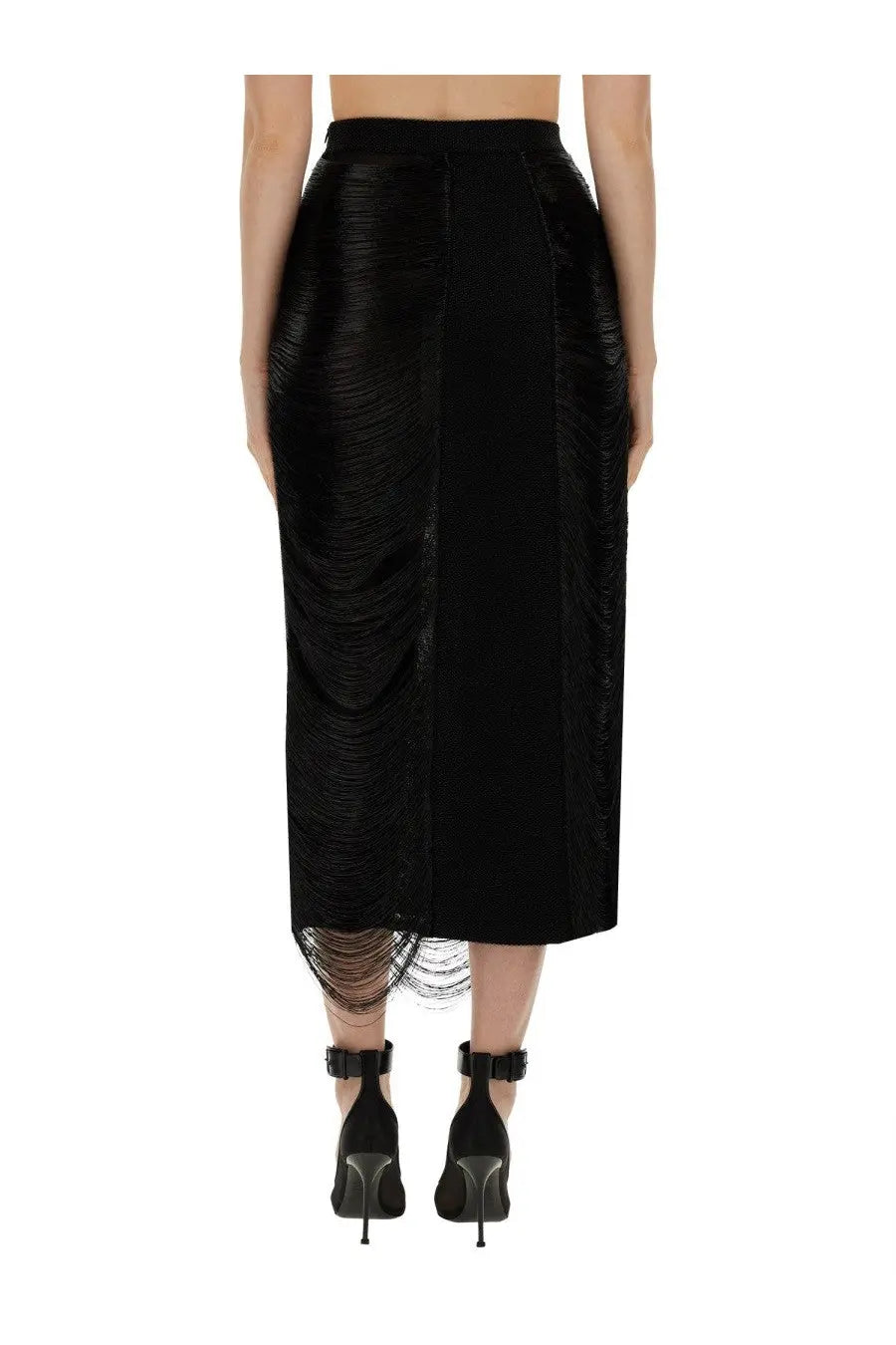 Alexander McQueen women’s black midi skirt with sleek high waist textured fabric and fringe detailing at hem