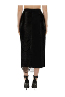 Alexander McQueen women’s black midi skirt with sleek high waist textured fabric and fringe detailing at hem