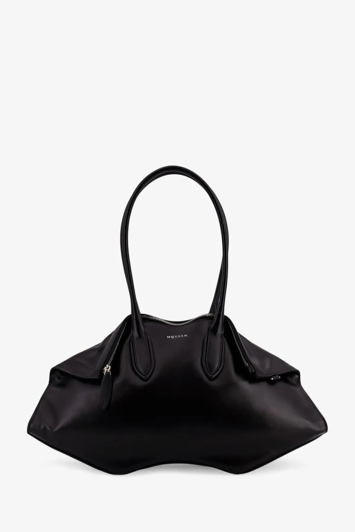 Alexander McQueen women’s manta black leather handbag with curved top handles and sleek minimalist design