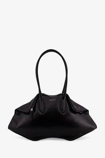 Alexander McQueen women’s manta black leather handbag with curved top handles and sleek minimalist design