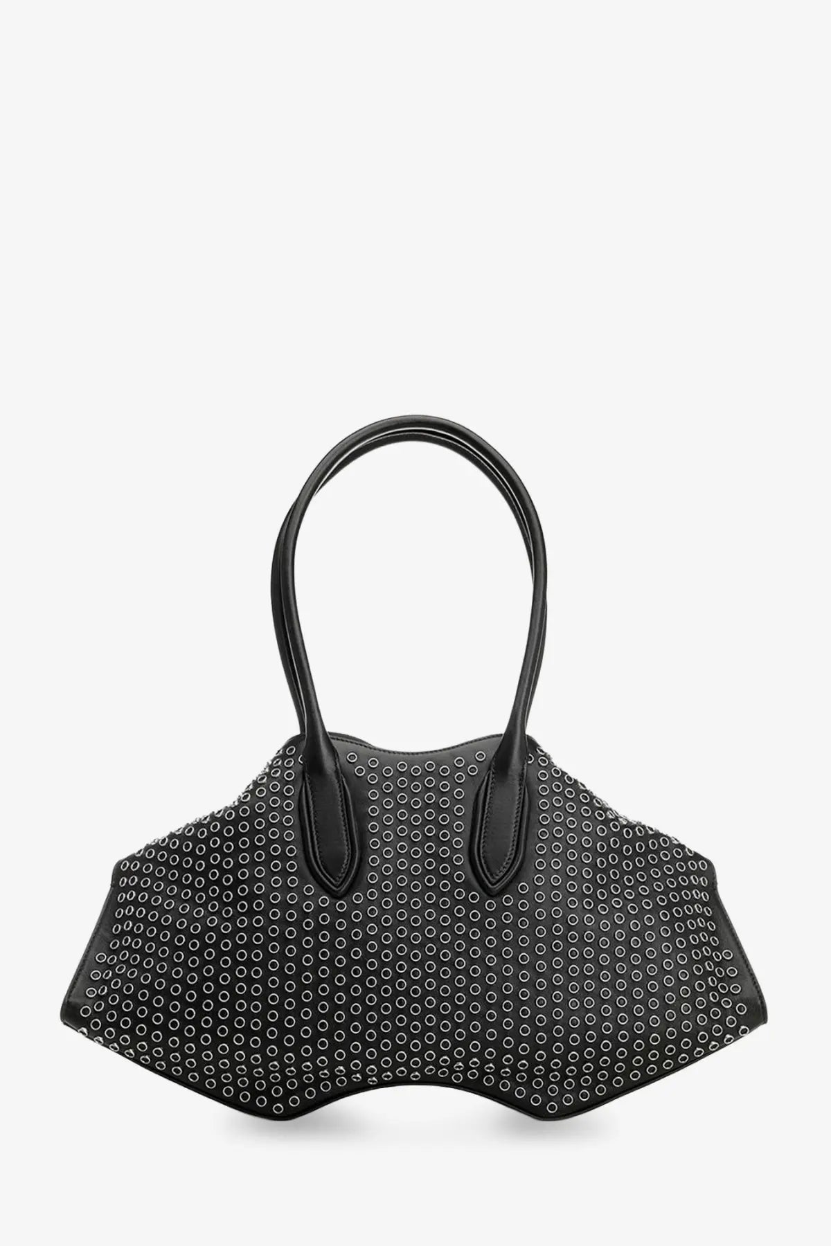 Alexander McQueen women’s manta black leather handbag with flared silhouette and white circular stud detailing