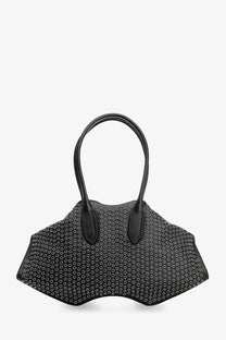 Alexander McQueen women’s manta black leather handbag with flared silhouette and white circular stud detailing