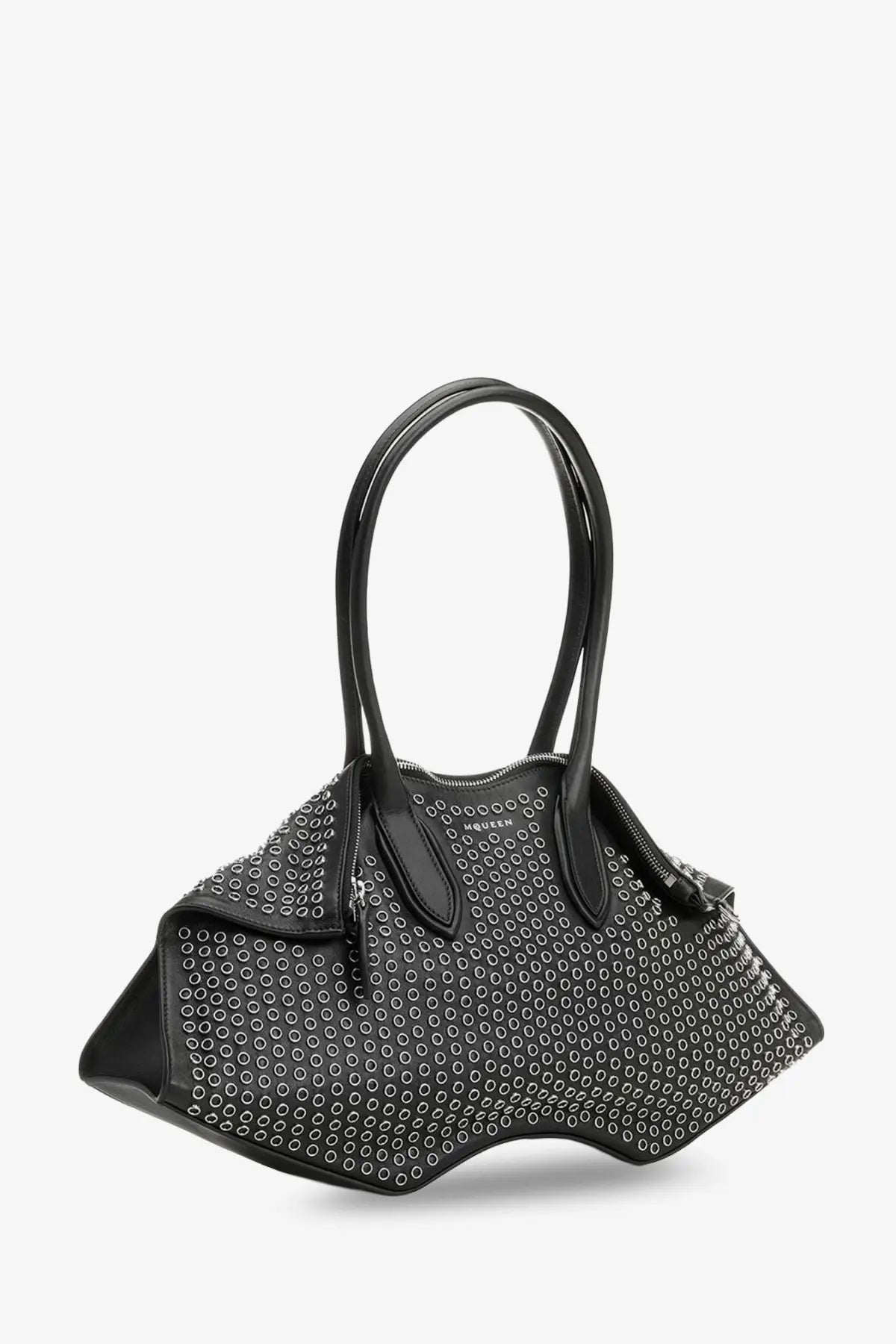 Alexander McQueen women’s manta black leather shoulder bag with flared silhouette and silver-toned stud pattern