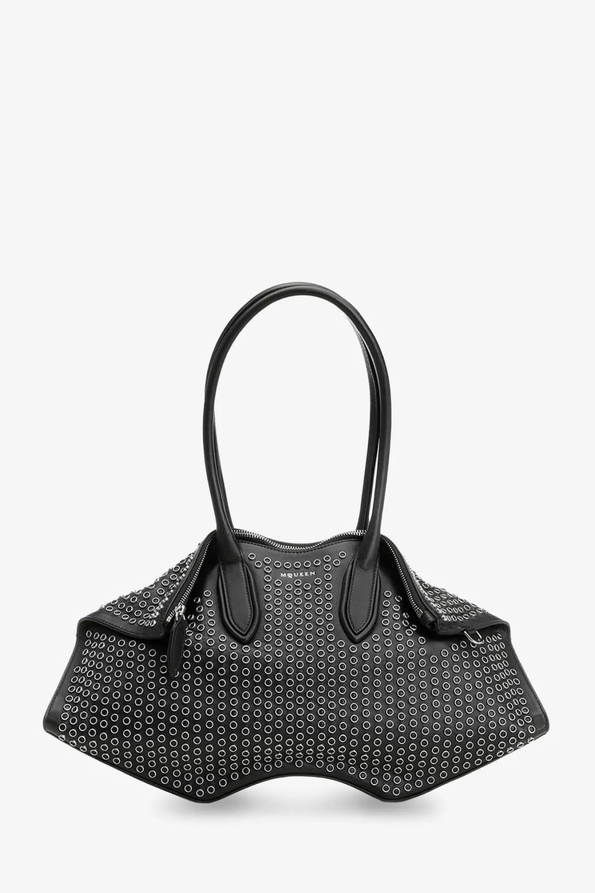 Alexander McQueen women’s black leather shoulder bag with flared silhouette and silver-toned circular studs pattern