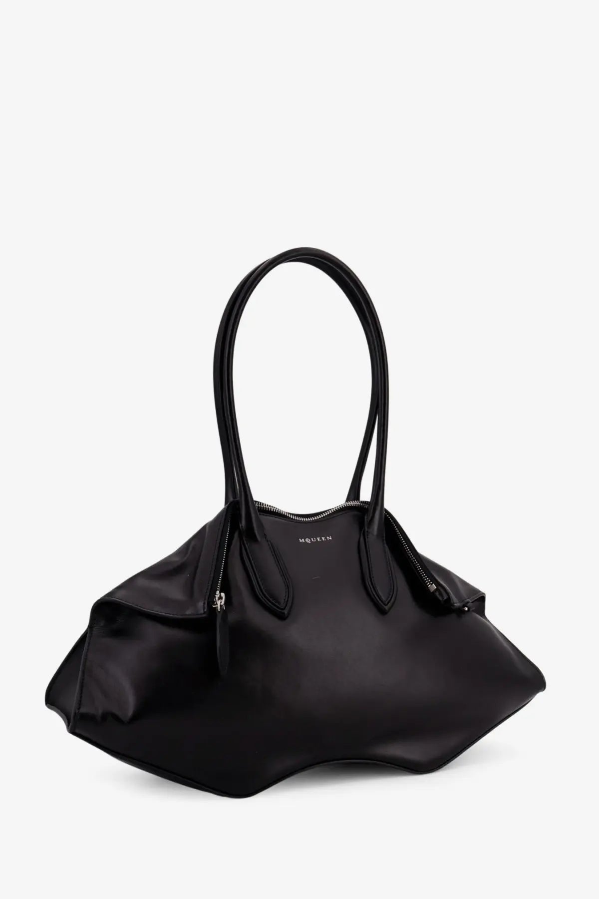 Alexander McQueen women’s manta black leather tote bag with structured handles and zipper closure