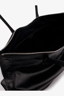 Alexander McQueen women’s manta black leather tote bag with silver zipper and handles for shoulder use