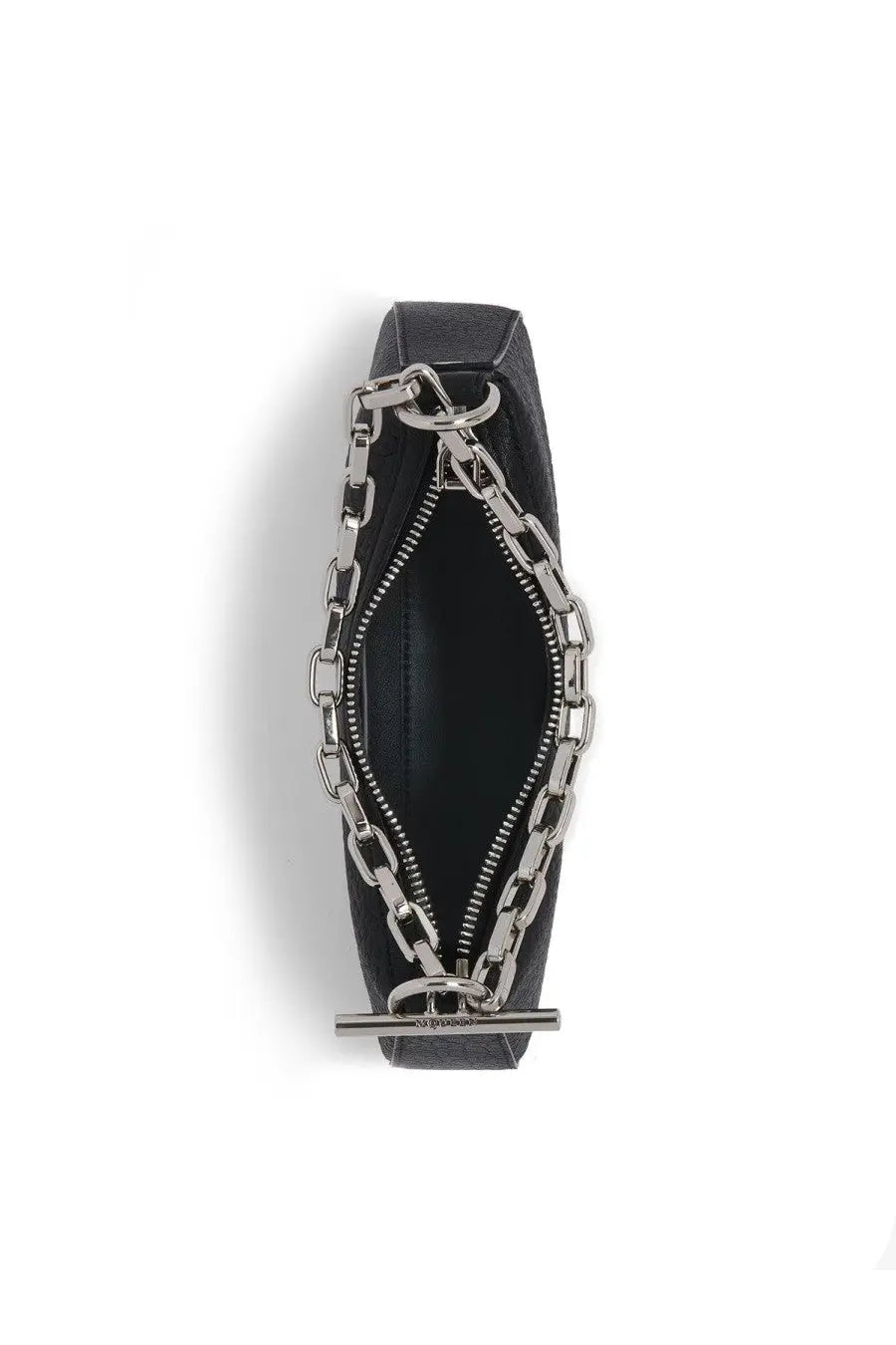 Alexander McQueen women’s mini buckle clutch bag black leather with silver-toned chain zipper and t-bar clasp