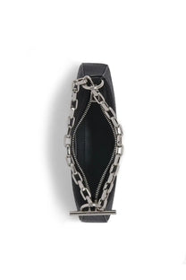 Alexander McQueen women’s mini buckle clutch bag black leather with silver-toned chain zipper and t-bar clasp