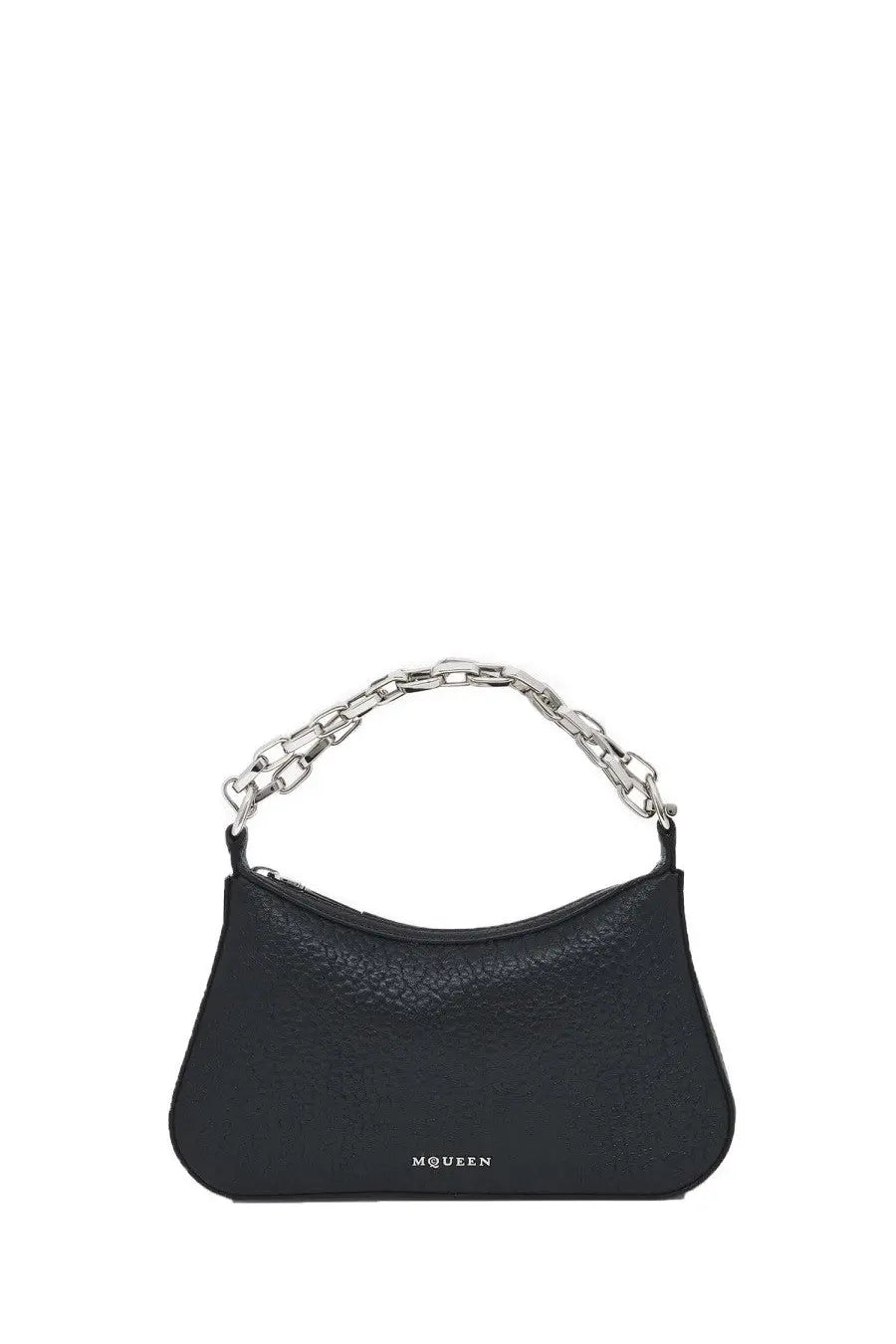 Alexander McQueen women’s mini buckle clutch bag in black textured leather with silver chain strap and mcqueen logo embossed