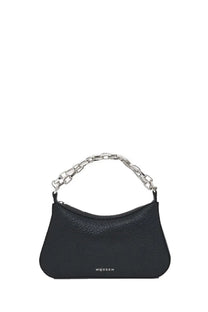 Alexander McQueen women’s mini buckle clutch bag in black textured leather with silver chain strap and mcqueen logo embossed