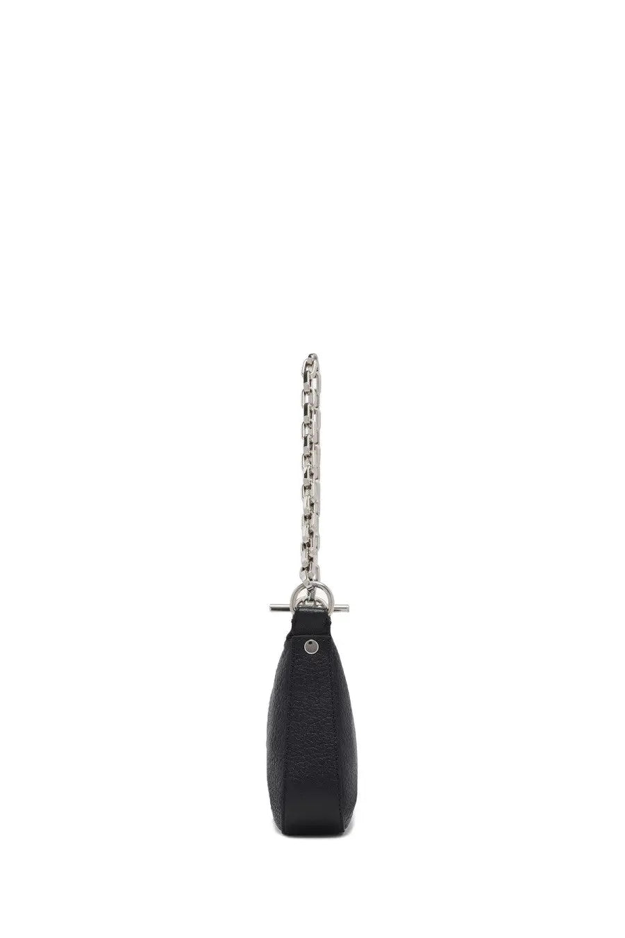 Alexander McQueen women’s mini buckle clutch bag black textured leather with silver chain strap