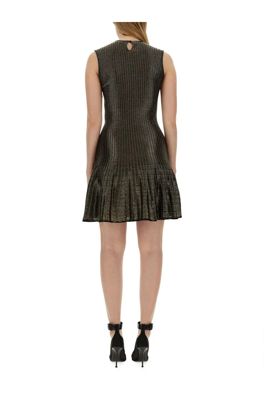 Alexander McQueen women’s sleeveless black mini dress with metallic sheen and flared skirt