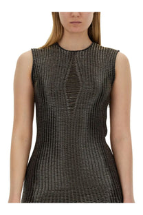 Alexander McQueen women’s black mini dress with a sleek sleeveless design and textured woven pattern that catches light