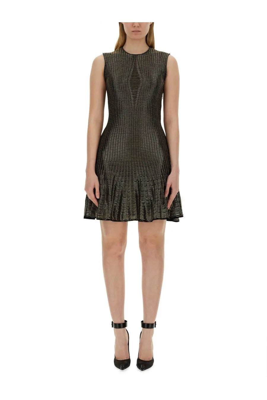 Alexander McQueen women’s sleeveless black and gold metallic mini dress with textured weave and flared hem