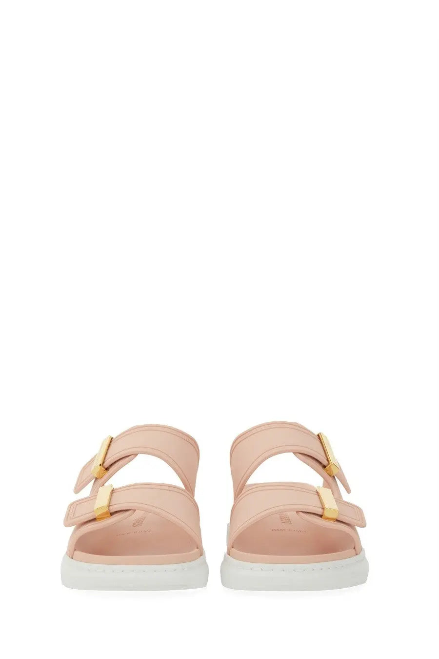 Alexander McQueen women’s oversize hybrid sandal in pink leather with gold-tone buckles and white rubber sole