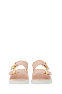 Alexander McQueen women’s oversize hybrid sandal in pink leather with gold-tone buckles and white rubber sole