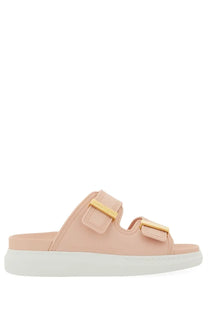 Pink leather slide sandals with gold-tone buckle straps and white platform sole from Alexander McQueen womens oversize hybrid sandal blue