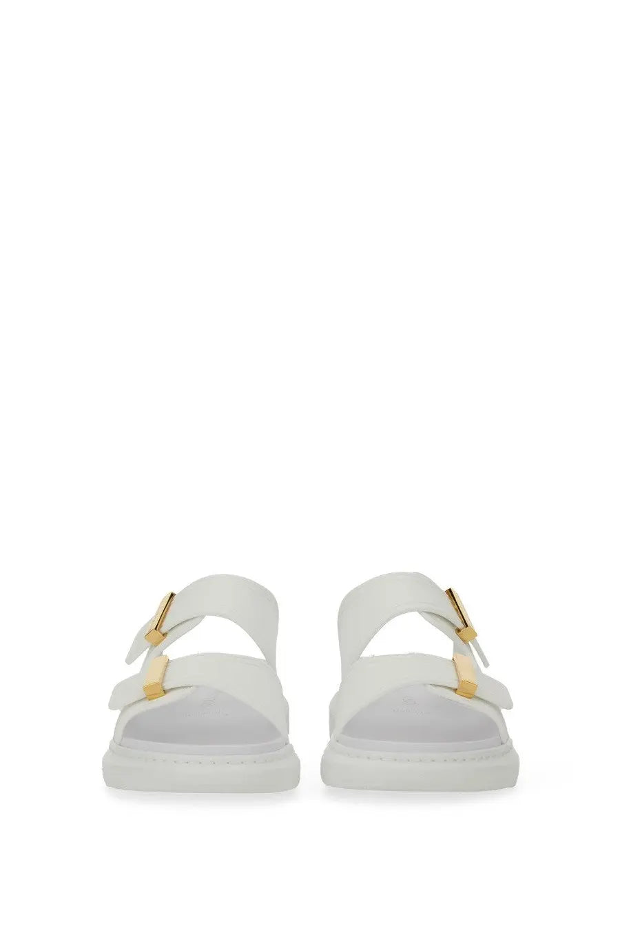 White leather sandals with gold-tone buckle details from Alexander McQueen women’s oversize hybrid sandal collection