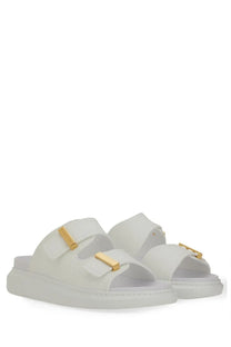 White Alexander McQueen women’s oversize hybrid platform sandals with gold-tone rectangular buckles