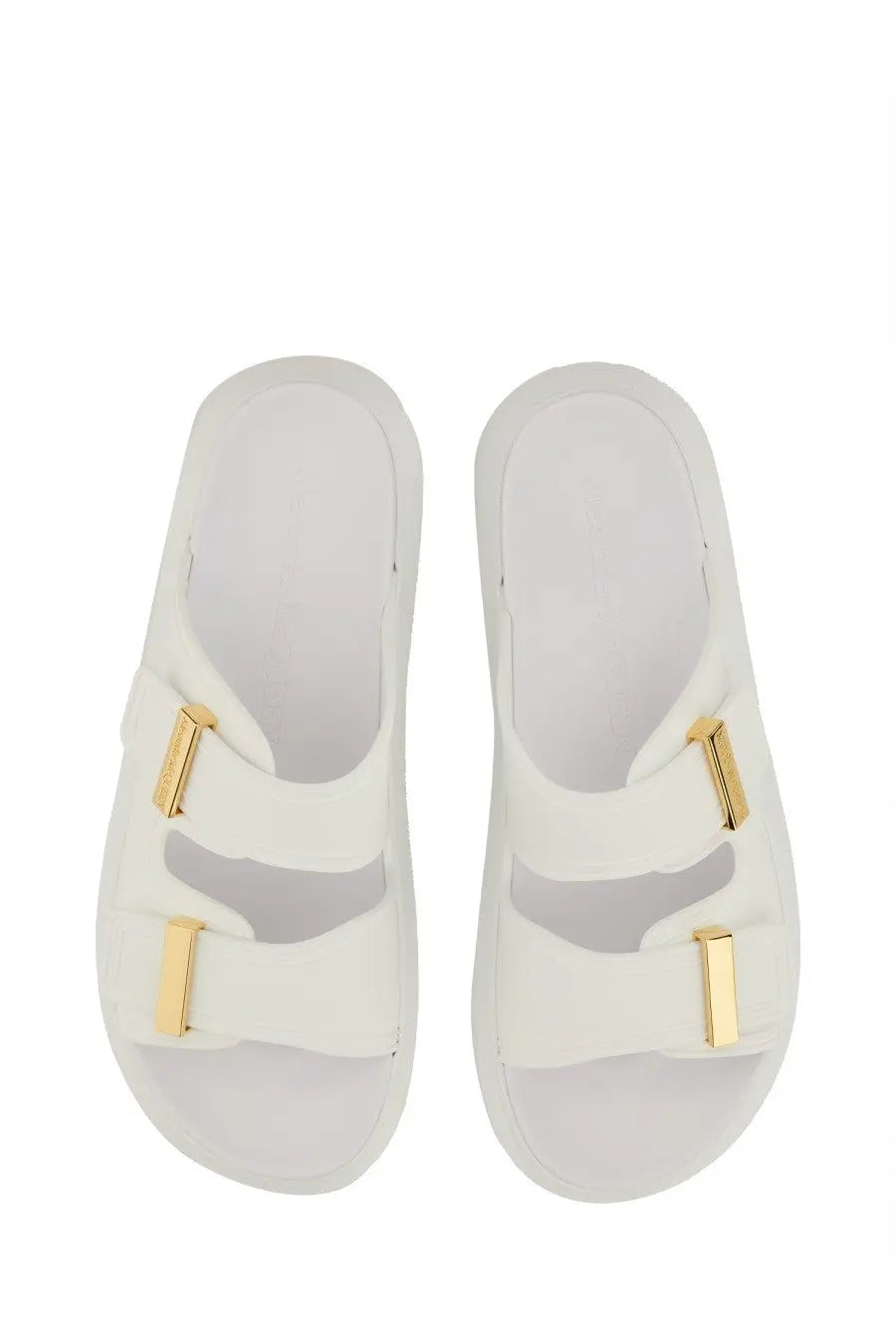 Alexander mcqueen women’s oversize hybrid white slide sandals with gold-tone rectangular buckles and cushioned sole