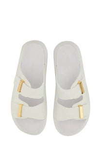Alexander mcqueen women’s oversize hybrid white slide sandals with gold-tone rectangular buckles and cushioned sole