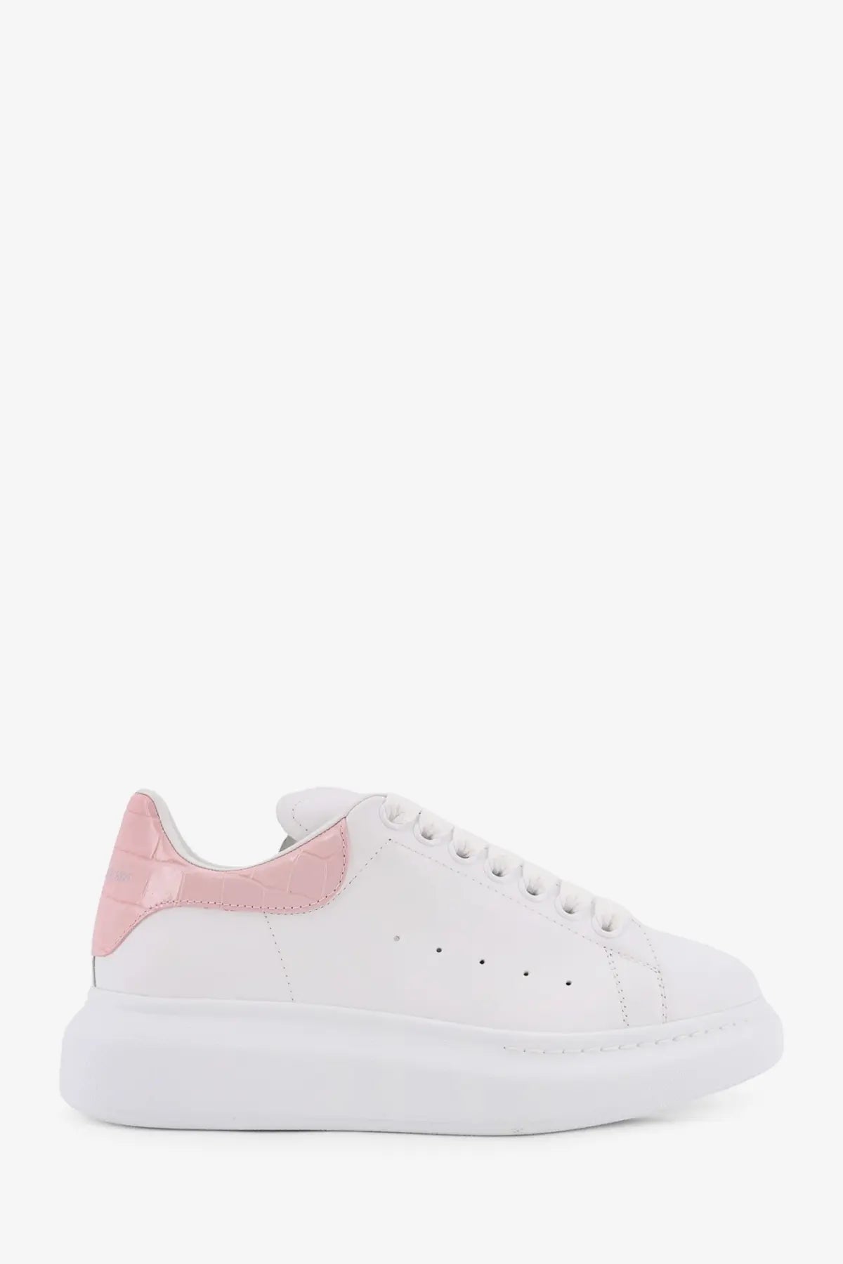 White alexander mcqueen women’s oversize leather sneaker with glossy pink croc embossed heel tab and laces back view