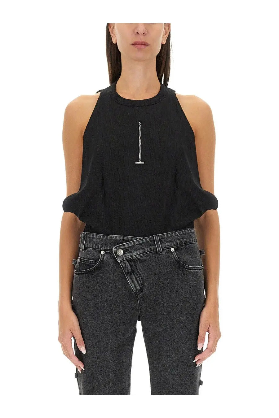 Alexander mcqueen women’s black ribbed halter-neck tank top with subtle silver vertical chest embellishment