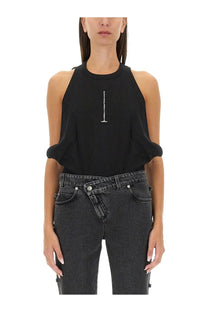 Alexander mcqueen women’s black ribbed halter-neck tank top with subtle silver vertical chest embellishment