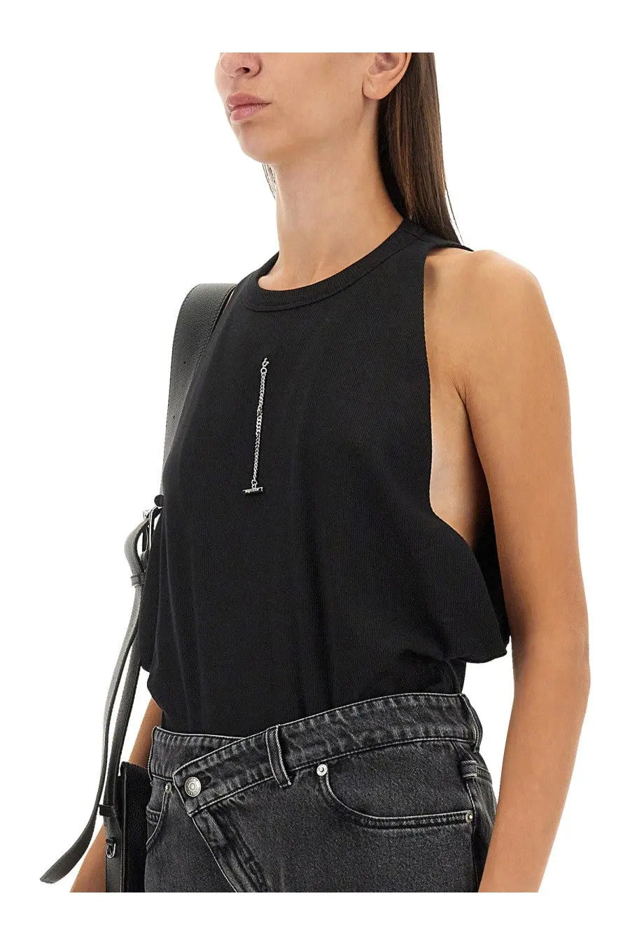 Alexander McQueen women’s black ribbed sleeveless tank top with front zipper and cut-out shoulder design