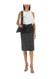 Black denim skirt with a high waist and frayed hem paired with alexander mcqueen women’s white ribbed tank top