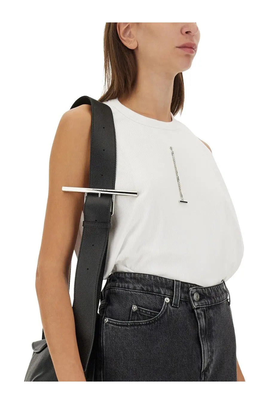 Alexander mcqueen women’s ribbed tank top white with black leather shoulder strap and silver metal clasp visible