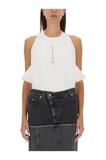 White ribbed Alexander McQueen halter neck tank top with ruffled sleeves and vertical zipper detail