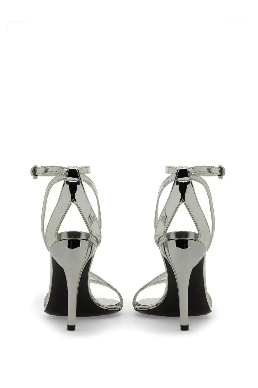 Alexander McQueen women’s silver high-heeled sandals with sleek metallic finish and black insole front view