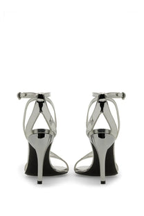 Alexander McQueen women’s silver high-heeled sandals with sleek metallic finish and black insole front view