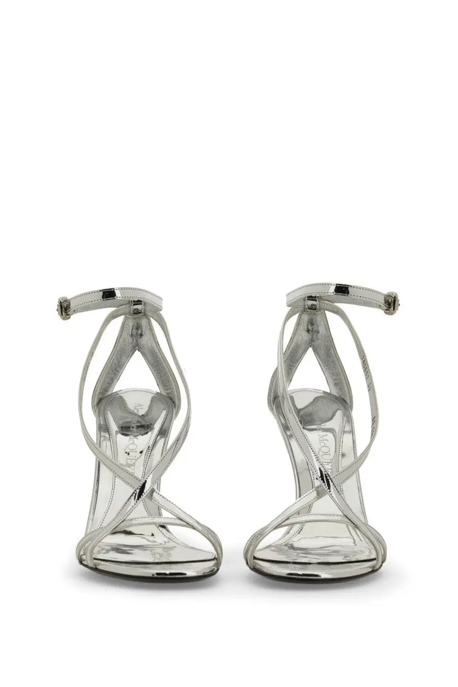 Alexander McQueen women’s silver metallic strappy high-heeled sandals with sleek crisscross and ankle straps