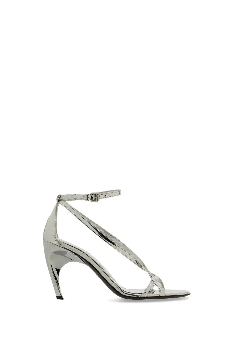 Alexander McQueen women’s silver metallic strappy high-heeled sandal with sleek modern design and ankle strap