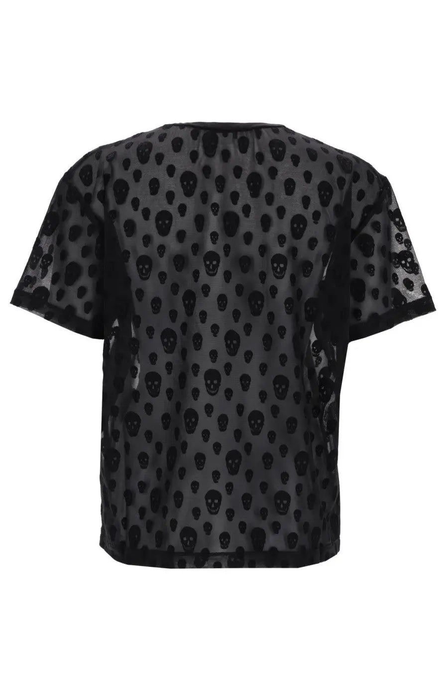 Alexander McQueen women’s black sheer shirt with repeating dark skull pattern on lightweight fabric
