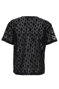 Alexander McQueen women’s black sheer shirt with repeating dark skull pattern on lightweight fabric