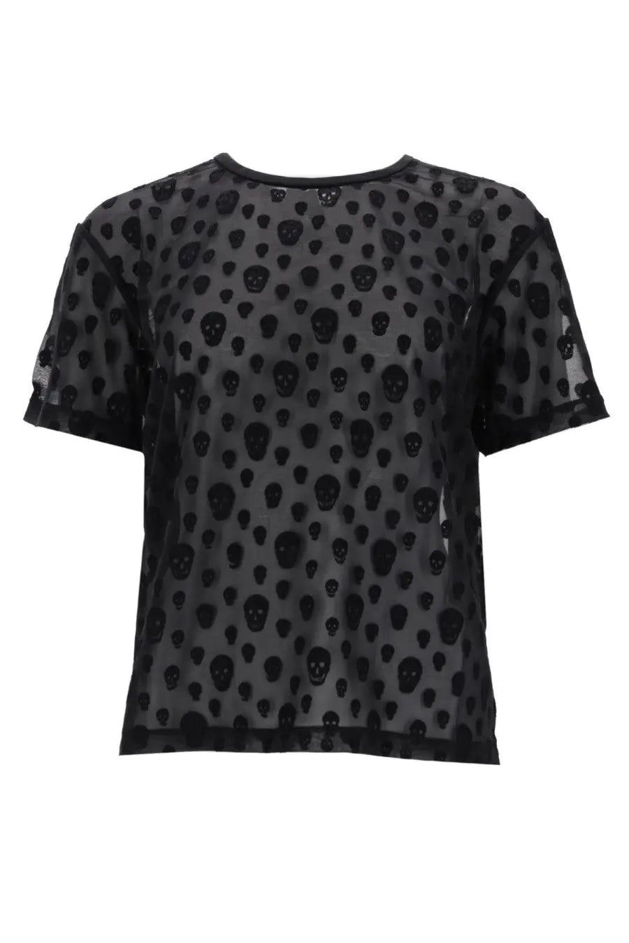 Alexander McQueen women’s black sheer short-sleeved shirt with embroidered skull pattern in sheer fabric
