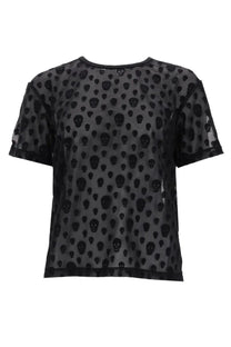 Alexander McQueen women’s black sheer short-sleeved shirt with embroidered skull pattern in sheer fabric