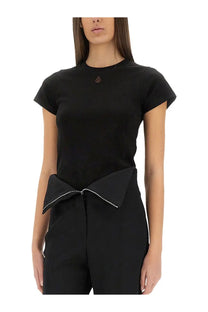Alexander McQueen women’s black short-sleeved top with structured waist bow and subtle white stitching along edges