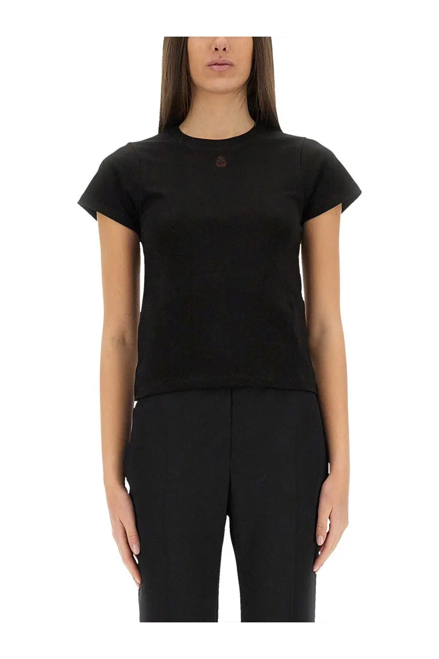 Alexander McQueen women’s black short-sleeved shirt with subtle embroidered logo at the neckline