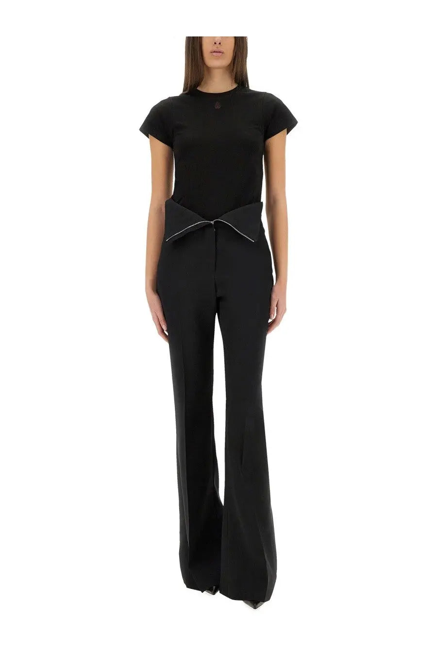 Black tailored jumpsuit with wide waistband tied into a bow at the front by Alexander McQueen women’s shirt black collection