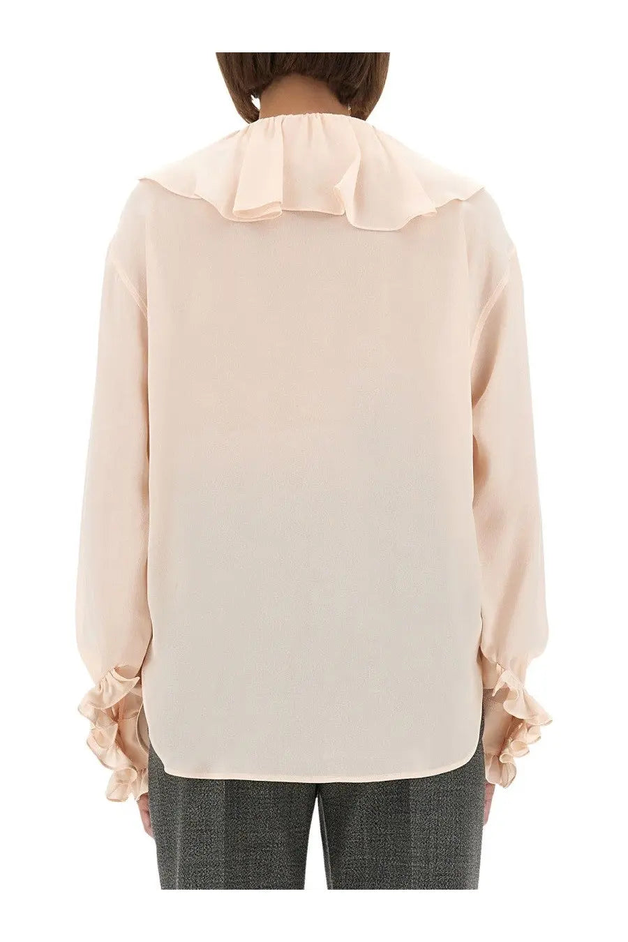 Alexander McQueen women’s blush pink blouse with flowing ruffled collar and ruched cuffs in lightweight silk-like fabric