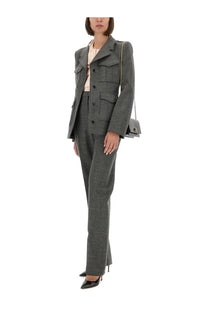 Gray houndstooth wool blazer with flap pockets and black buttons shown with alexander mcqueen women’s blue shirt
