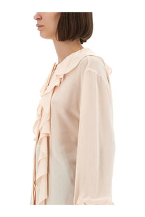 Alexander McQueen women’s blue satin blouse with voluminous ruffled collar and cascading tiered front ruffles