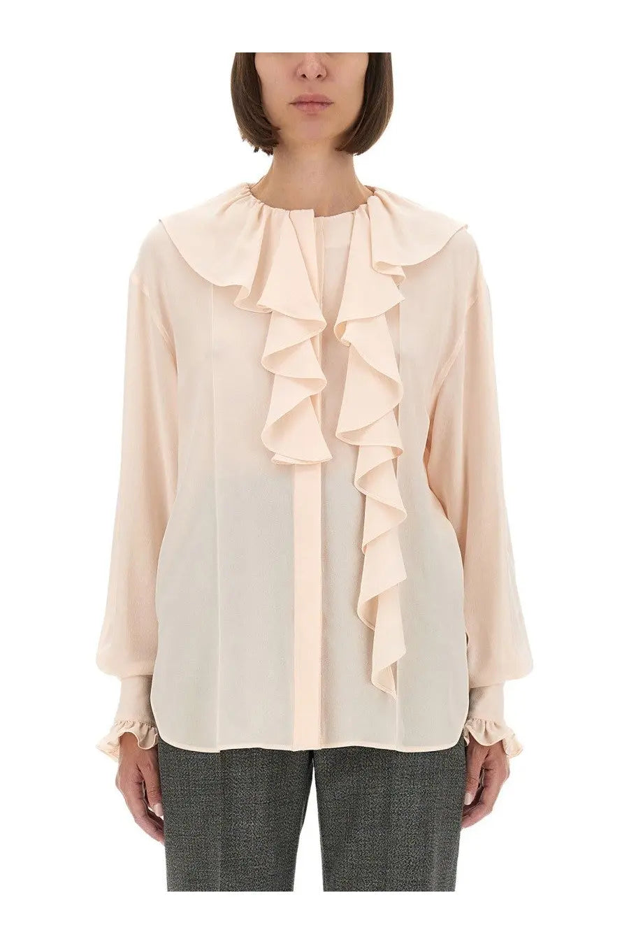 Alexander McQueen women’s cream-colored blouse with ruffled neckline and cuffs in lightweight flowing fabric