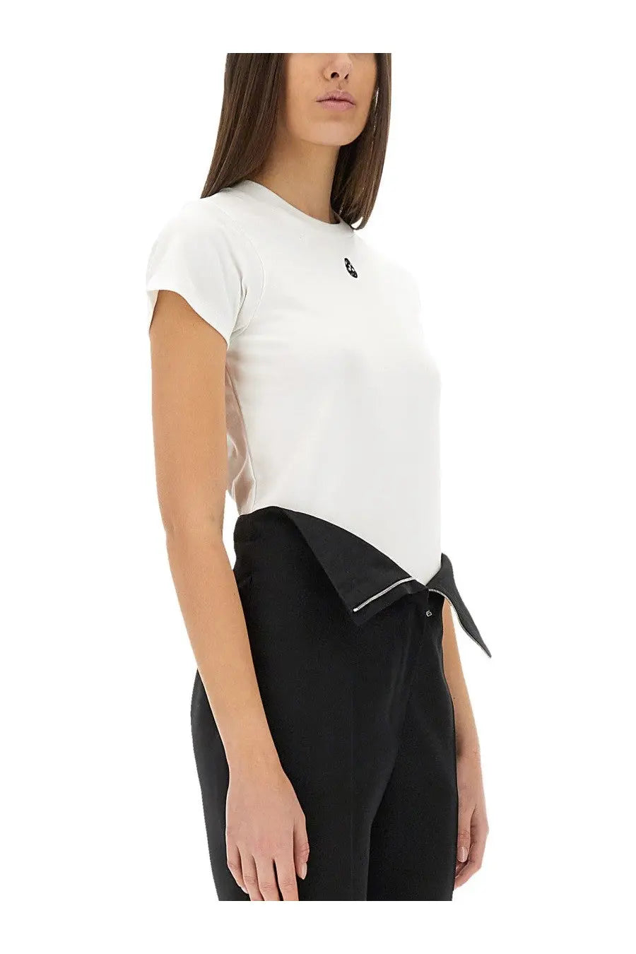Alexander McQueen women’s white short-sleeved shirt with black fabric tie at the waist for stylish wear